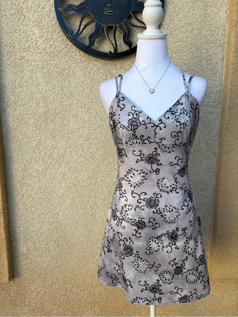 Y2K HANA Light Gray Black Floral Patterned Tank Dress Whimsygoth Grunge